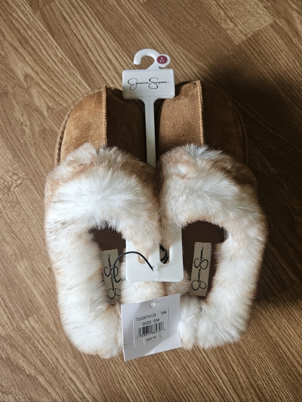 NWT Jessica Simpson Tan Faux Suede Slippers with Cream Fur Trim Size Small